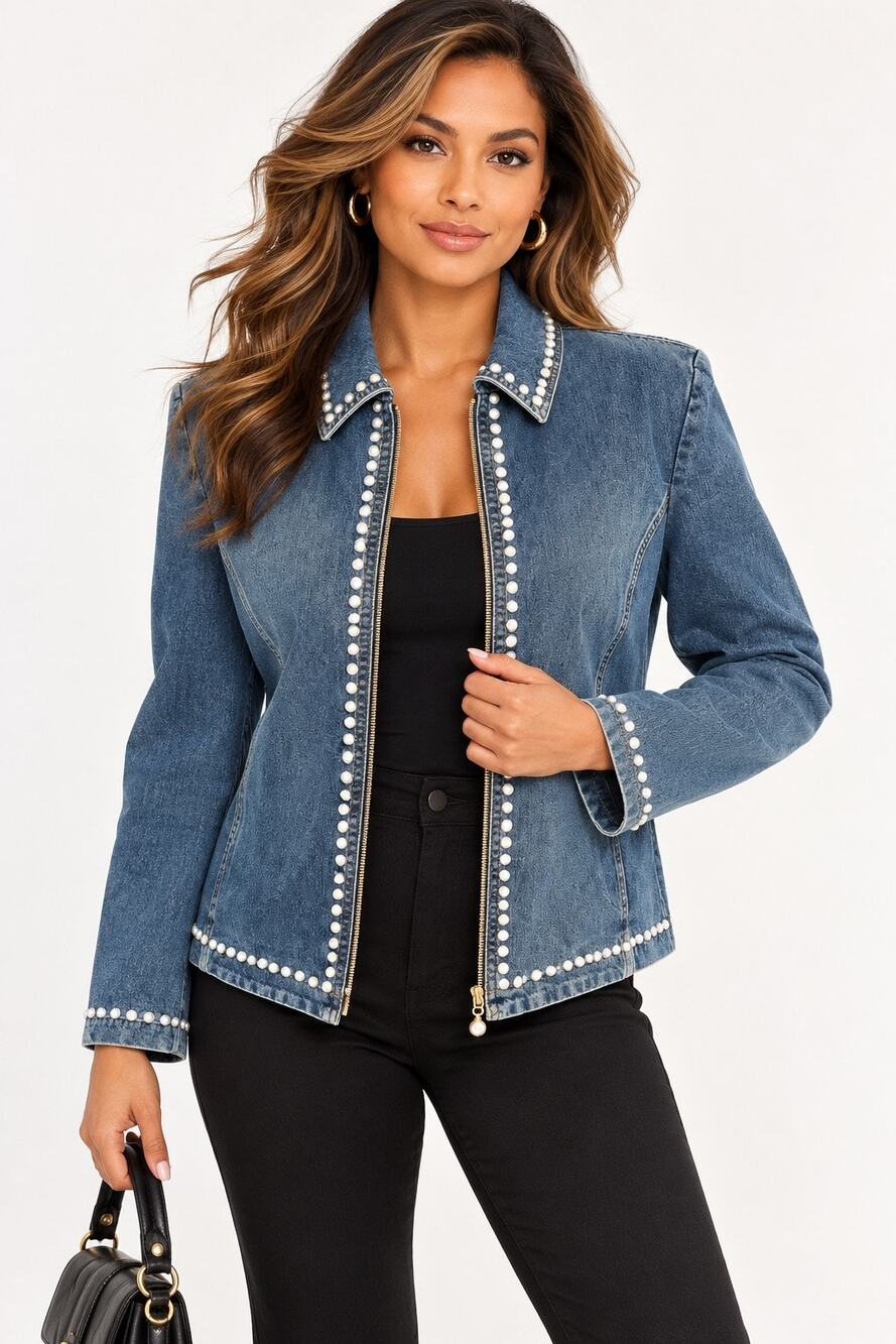 Vintage St John Sport Denim Jacket M Pearl Studded Zip Front Y2K